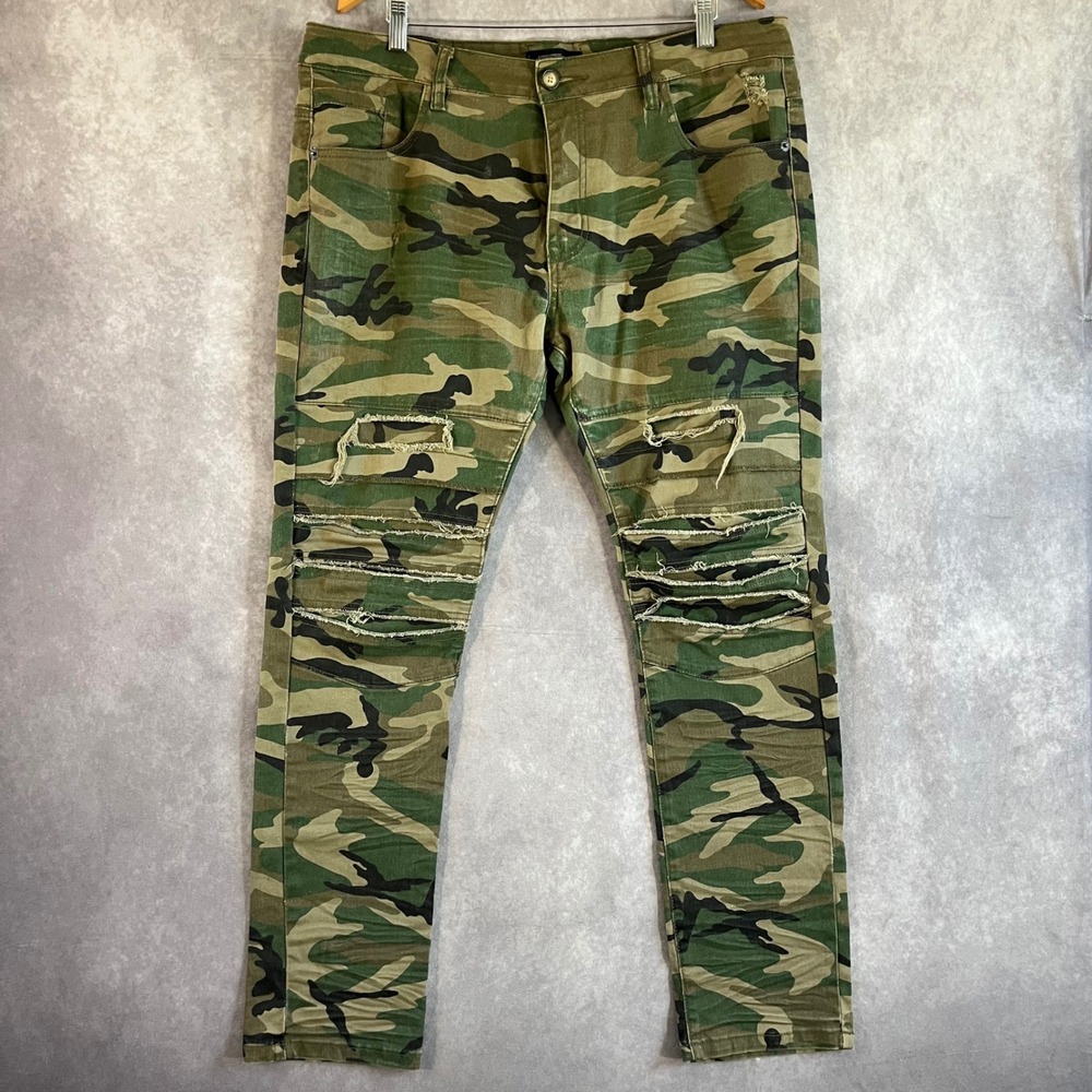 Smoke Rise Distressed Moto Pants Mens‎ 38 Green Woodland Camo Slim Fit Ribbed